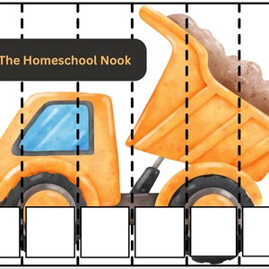 May include: A yellow toy dump truck with a brown dirt load. The truck has a blue window and black wheels. The text "The Homeschool Nook" is at the top of the image.