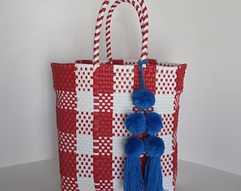 Ręcznie tkana torebka w żywych kolorach, Torba ręcznie robiona, Torba tkana ręcznie, Portmonetka tkana ręcznie z recyklingowanego plastiku.