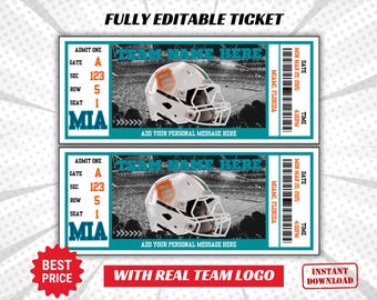 May include: Editable ticket template with a football helmet graphic. The ticket has the text "TEAM NAME HERE", "ADMIT ONE", "GATE A", "SEC 123", "ROW 5", "SEAT 1", "MIA", "DATE MON MAR 20, 2025", "TIME 4:00PM", "MIAMI, FLORIDA".