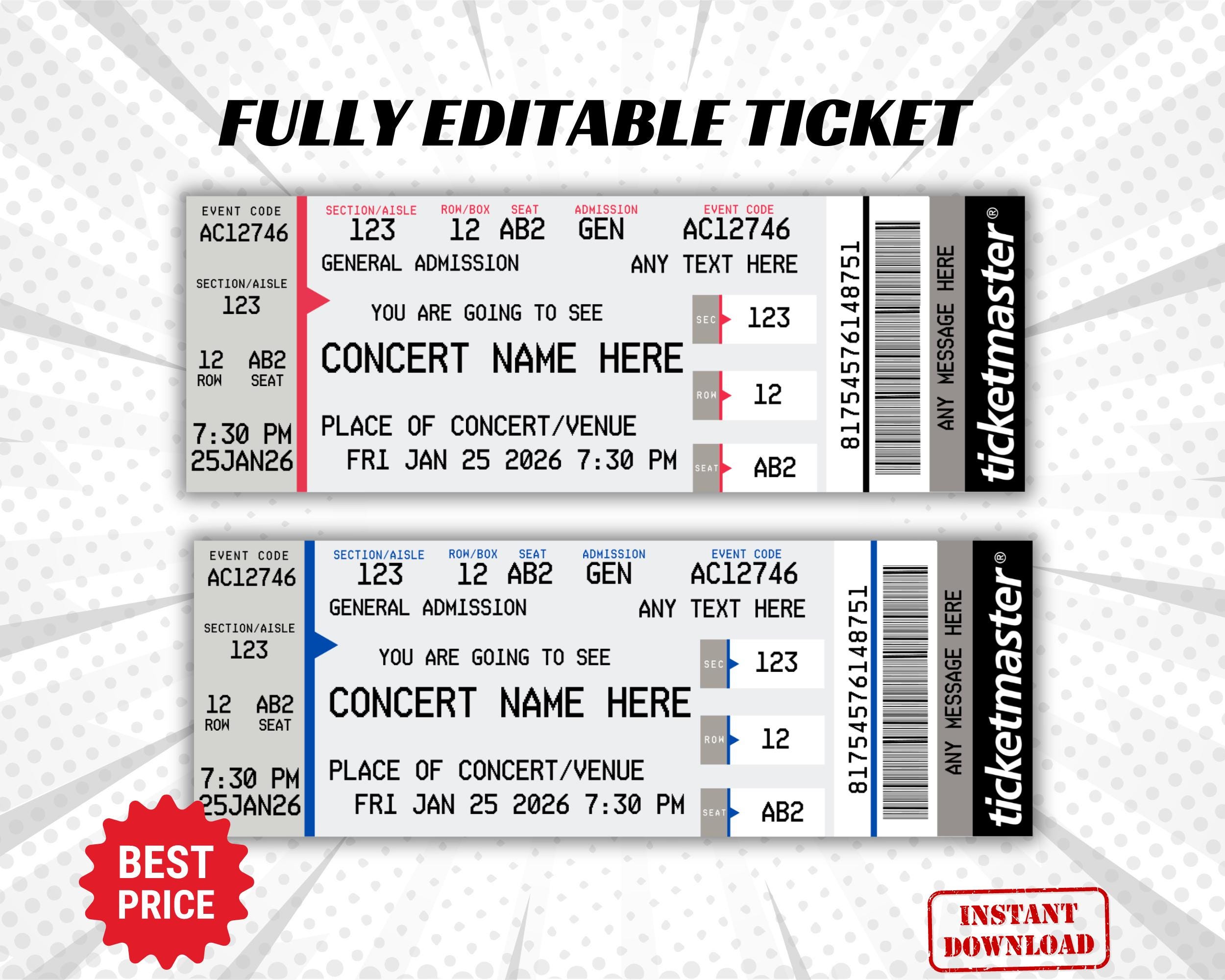 Custom Concert Ticket, Concert Ticket Template, Personalized Event Ticket, Surprise Ticket, Ticketmaster Fake Concert, Ticket Stub Souvenir