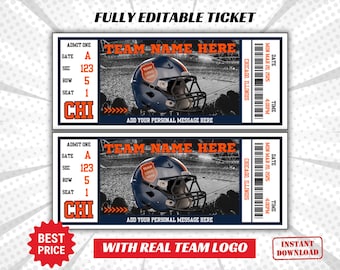 Op de afbeelding: Bewerkbare tickettemplate met een voetbalhelm afbeelding. Het ticket heeft een blauw en oranje kleurenschema en zegt "TEAM NAME HERE" en "CHICAGO, ILLINOIS".