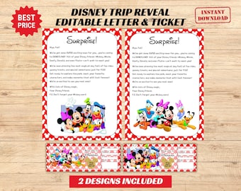 May include: Two printable designs for a Disney trip reveal. The first design is a red and white letter with Mickey Mouse and friends. The second design is a ticket with Mickey Mouse and friends. The text on the letter reads "Surprise! We've got some SUPER exciting news for you... you're coming to DISNEYLAND! All of your Disney friends - Mickey, Minnie, Goofy, Donald, and even Pluto - can't wait to meet you!"