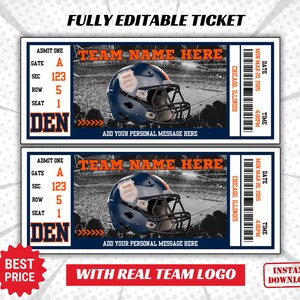 May include: Two football game tickets with a blue helmet graphic and the text "TEAM NAME HERE". The tickets include the text "ADMIT ONE", "GATE A", "SEC 123", "ROW 5", "SEAT 1", and "DEN". The tickets also include the text "CHICAGO, ILLINOIS", "MON MAR 20, 2025", and "4:00PM".