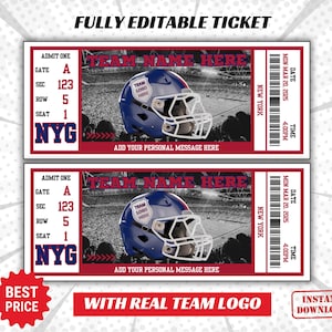 Pode incluir: Modelo de bilhete editável com um gráfico de capacete de futebol americano. O bilhete tem o texto "TEAM NAME HERE", "ADMIT ONE", "GATE A", "SEC 123", "ROW 5", "SEAT 1", "NYG", "DATE MON MAR 20, 2025", "TIME 4:00PM", e "NEW YORK".