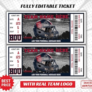 May include: Editable ticket template with a football helmet graphic. The ticket has the text "TEAM NAME HERE" and "HOU" printed on it. The ticket also has fields for date, time, gate, section, row, and seat.