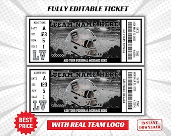 May include: Editable ticket template with a football helmet graphic. The ticket says "Team Name Here" and "Las Vegas, Nevada".