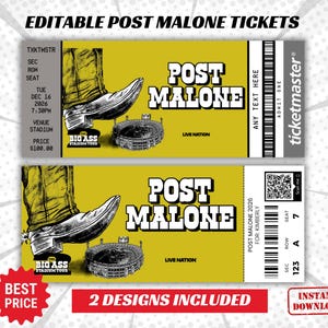 以下が含まれることがあります： 黄色い背景に、カウボーイブーツのイラストとアーティスト名が描かれた、Post Maloneのコンサートチケット2枚。「Big Ass Stadium Tour」と「Live Nation」の文字が含まれています。