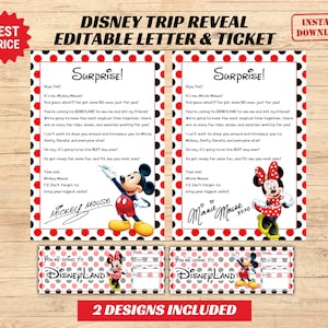 Bearbeitbarer Enthüllungsbrief Urlaubsreise DWorld und Dland Mickey Überraschungsbrief, Ticketenthüllung, Tourticket, druckbares Freizeitparkticket
