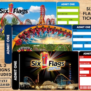 May include: A collection of Six Flags theme park tickets with roller coaster imagery. Each ticket design features the "ADMIT ONE" label and space for personal details. The image includes the text "ALL 3 DESIGNS INCLUDED" and "INSTANT DOWNLOAD".