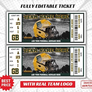 May include: Editable ticket template with a green and gold color scheme. The ticket features a football helmet with a team logo and the text "TEAM NAME HERE". The ticket also includes the text "GREEN BAY, WISCONSIN" and "MON MAR 20, 2025".