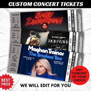 Pode incluir: Bilhetes de concerto personalizados com designs para concertos de Bailey Zimmerman, Rod Wave e Meghan Trainor. Os bilhetes têm um fundo branco com texto preto, e os nomes dos concertos estão em negrito, com fontes coloridas. Os bilhetes são rotulados como "Bilhetes de concerto personalizados".