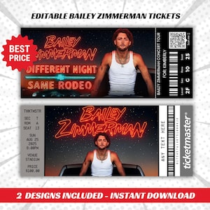 May include: Two concert tickets featuring Bailey Zimmerman. The tickets have a black background with a photo of the artist. The top ticket has a red "Best Price" sticker. The bottom ticket includes the date, time, and venue.
