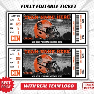 Pode incluir: Modelo de bilhete editável com um gráfico de capacete de futebol. O bilhete tem o texto "TEAM-NAME HERE" e "CINCINNATI, OHIO".
