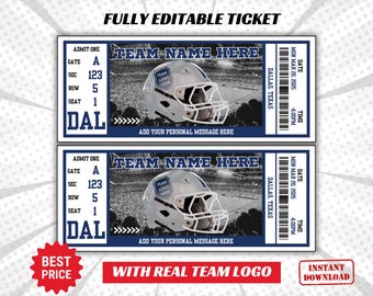 May include: Editable football ticket template with a blue and white color scheme. The ticket has a football helmet graphic and the text "TEAM NAME HERE" and "DAL".
