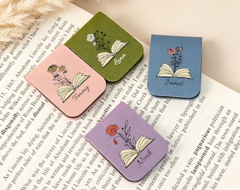 Custom Leather Birth Flower Bookmark,Name Bookmark with Birth Flower,Personalized Magnetic Bookmark,Book Accessory,Book Lover Birthday Gift