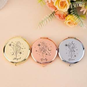 Birthflower Constellation Pocket Mirror, Kompaktowe lustro ze znakiem zodiaku, Niestandardowe kompaktowe lustro Constellation, Prezenty dla drużby ślubnej, Prezenty świąteczne