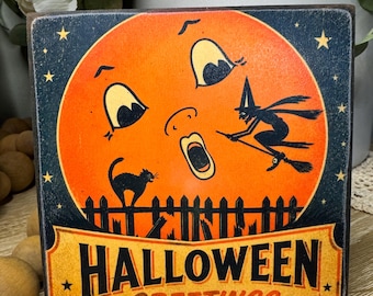 Vintage Inspired Moon Halloween Greetings Sign