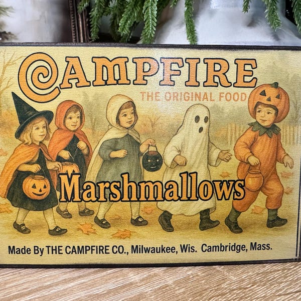 Vintage Campfire Marshmallows Halloween Sign, Rustic Spooky Decor