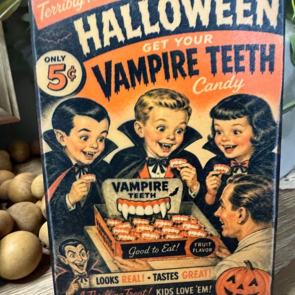 Vintage Inspired Retro Halloween Vampire Teeth Candy Advertisement Sign Pumpkin Witch Spooky Rustic Bats Crow