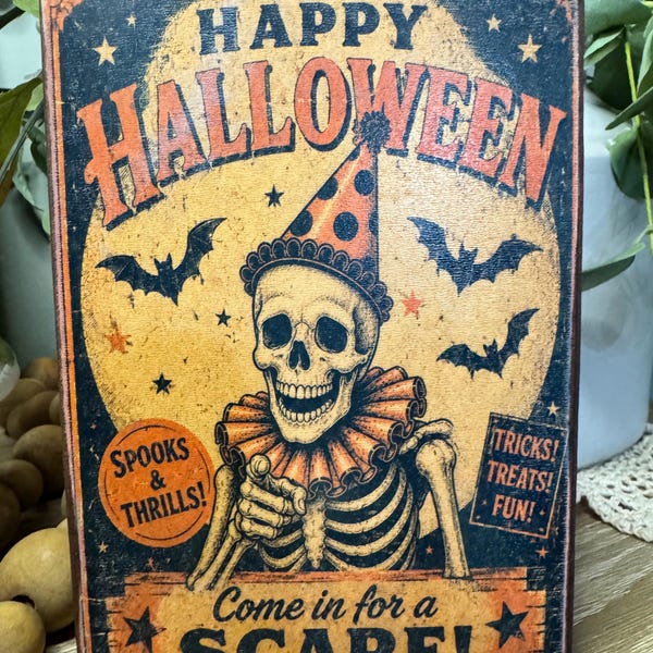 Vintage Inspired Retro Skeleton Happy Halloween Sign