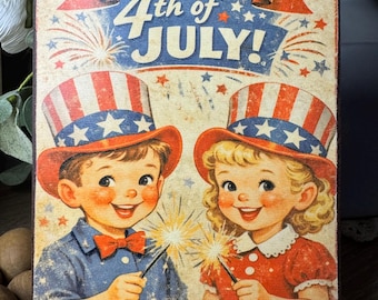 Vintage Inspired Retro 4th of July  Sign Farmhouse Rustic Shelf Sitter