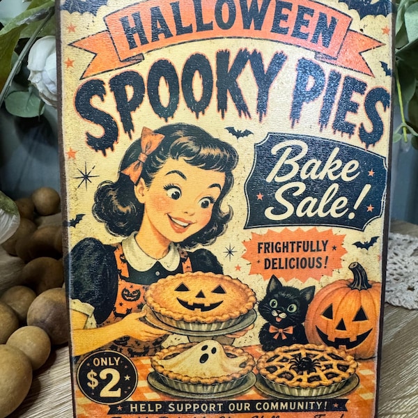 Vintage Inspired Retro Halloween Spooky Pies Advertisement Sign Pumpkin Witch Spooky Rustic Bats Crow