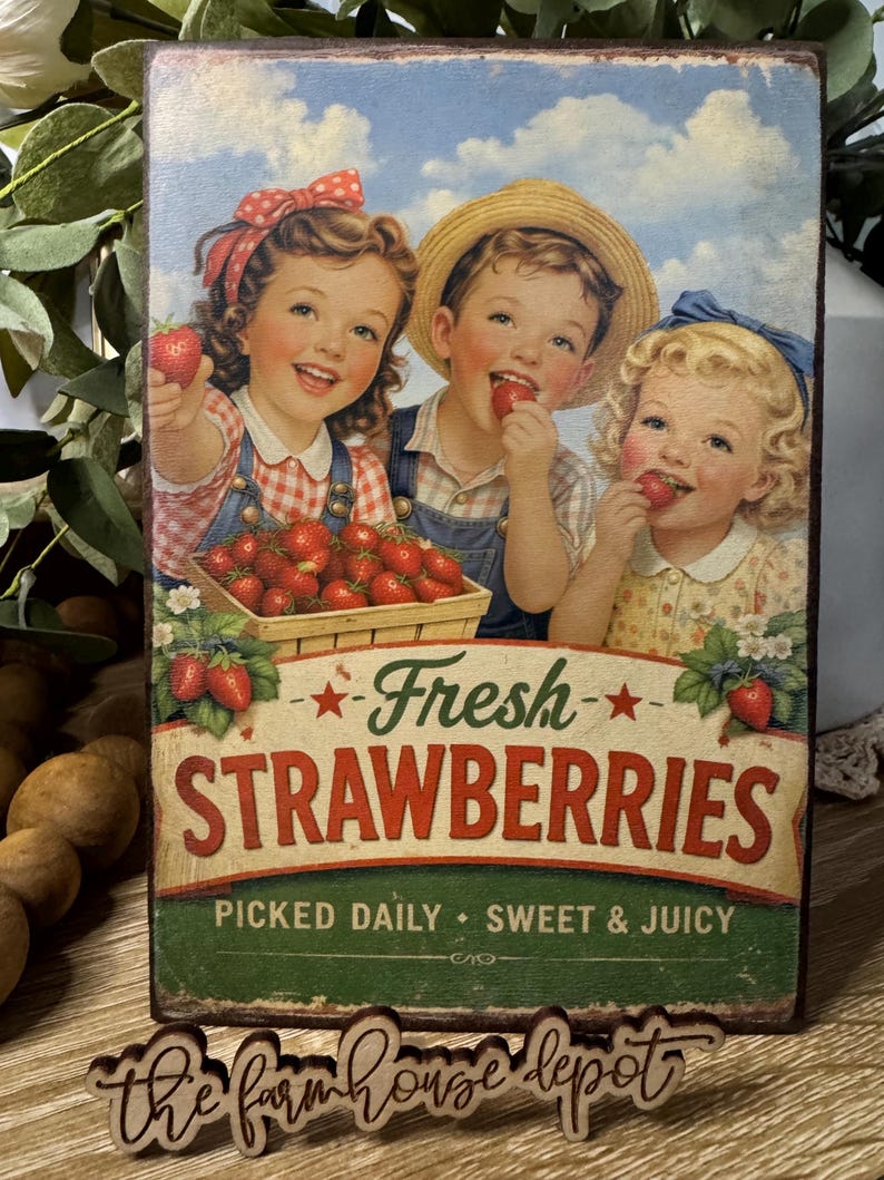 Rustic Strawberry Sign Vintage Inspired Retro Strawberries Stand Sign Farmhouse Rustic Shelf ...