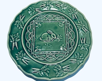 Sur La Table Green Majolica Collectible Animal Plates - Vintage Bordallo Pinheiro - Portugal Easter- Rabbit, Cow, Roosters Plates Available