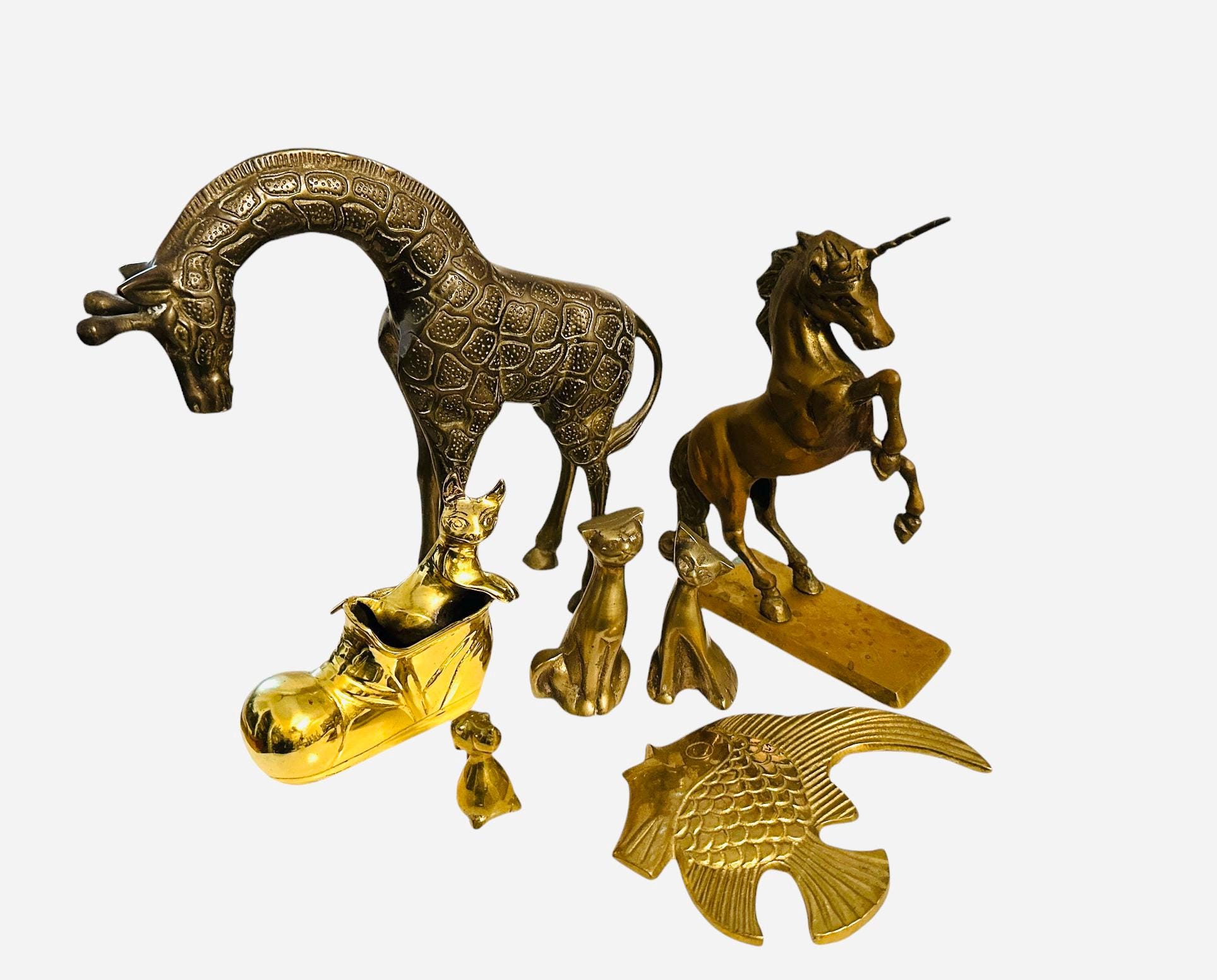 Vintage Brass Animals - Brass Animals - Brass Figurines - Fish - Giraffe - Cat in Shoe - Pair of Cats - Unicorn - Puppy - Free Shipping