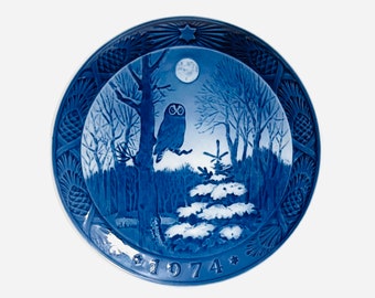 Vintage 1974 Royal Copenhagen Owl Christmas Plate - Owl Dish - Collectible Plate - Christmas Plate - Blue White Decor - Owl and Moon Plate