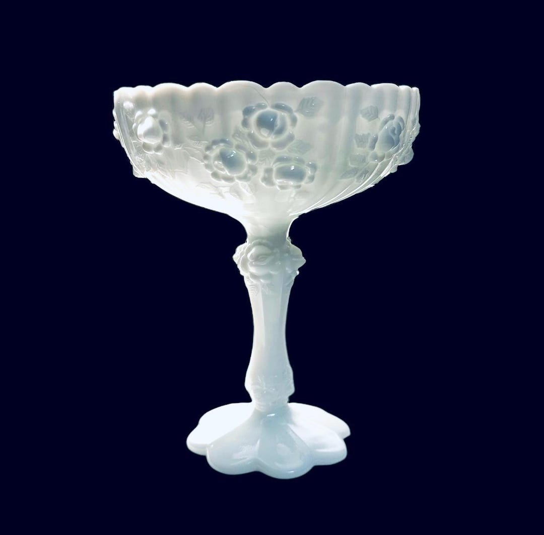 Gorgeous Fenton Pedestal Compote Dish - Milk Glass - Cabbage Rose ...