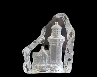 Vintage Glass Lighthouse Paperweight - Reverse Etched Coastal Decor - Gift for Dad
