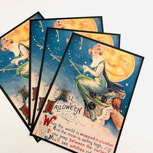 Cartoline di riproduzione di Halloween vintage - Set di quattro - Cartoline di Halloween con gufo della luna strega - Dimensioni GRANDI - Cartoline da 5" X 7"