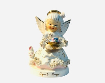 Vintage April Angel Figurine with Bunny and Eggs-Japan-Birthday Angel-Birthday Gift for April-Spaghetti Angel- Napco Angel-With Repair