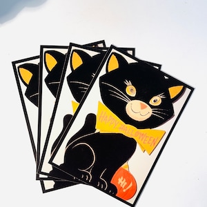 Vintage Halloween Cat Postcards: Smiling Black Cat with Pumpkin, Set of 4 (5x7)
