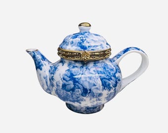 Vintage Mini Small Porcelain Tea Pot With Blue Spout and Handle
