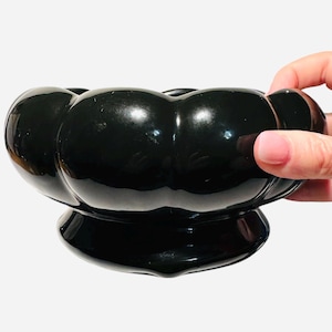 Lovely Vintage Black Scalloped Planter - Mid Century Pottery Planter - MCM Decor - Vintage Ceramic Footed Planter - Black Bubble Planter