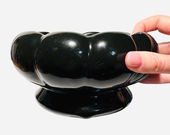 Lovely Vintage Black Scalloped Planter - Mid Century Pottery Planter - MCM Decor - Vintage Ceramic Footed Planter - Black Bubble Planter