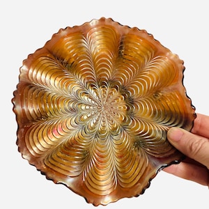 Vintage Fenton Carnival Glass &quot;Peacock Tail&quot; Amethyst and Gold Ruffled Edge Candy Dish - Fenton Art Glass Collector - Lovely Fenton Gift