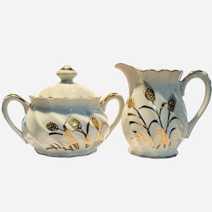 Vintage Lefton Creamer and Sugar Bowl Set - Golden Wheat Pattern- Hand Painted Porcelain - Covered Sugar Bowl - Vintage Kitchen