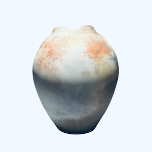 May include: A handcrafted, ceramic vase with a unique, rounded shape. The vase features a blend of colors, including white, gray, and orange, creating a textured, weathered appearance. The top has a distinctive, two-lobed design. Ideal for home decor.