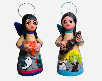 Lovely Folk Art Angel Figurines - Mexican Folk Art - Vintage Mexican Clay Pottery Folk Art -  Angel Musicians - Vintage Christmas Angels