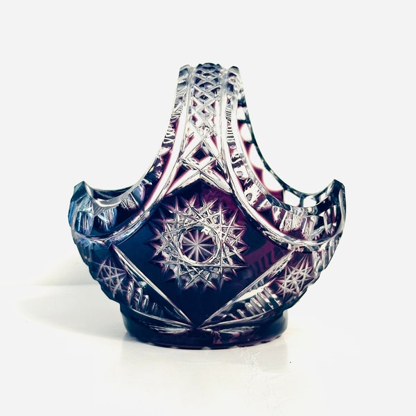 Beautiful Czech Glass Basket - Amethyst Cut Glass - Bohemian Glass - Purple Glass - Mother's Day Gift - Vintage Glass - Glass Lover Gift