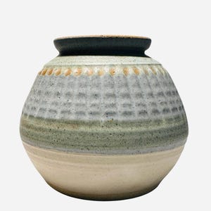 Lovely Vintage Studio Pottery Vase - Small Textured Green Blue Brown Vase - Mid Century Studio Pottery Vase - Signed Studio Pottery