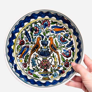 Vintage Ceramic Bird Serving Dish - 9&quot; Serving Bowl Colorful - Doves and Flowers - Terracotta Bird Dish
