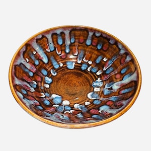 Lovely Signed Studio Pottery Bowl - Ceramic Bowl - Brown Red Blue Bowl - Handmade Ceramic Art Piece -Unique Glaze