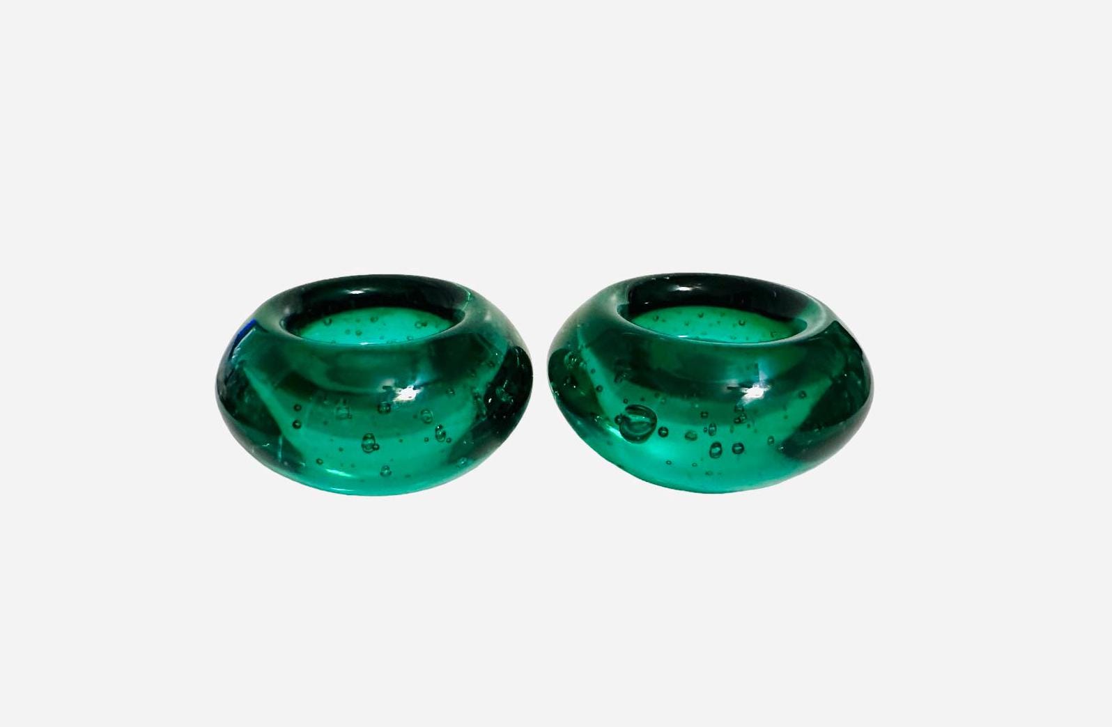 Beautiful Pair of Emerald Green Glass Tea Light Holders - Controlled Bubble Tea Light - Vintage Green Glass   - St Patrick's Day Gift