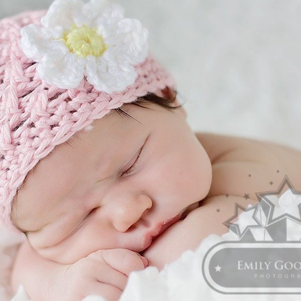 Baby girl Crochet Beanie Hat  Pink with Daisy Flower 0 to 3 months
