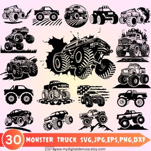 May include: A collection of 30 black and white monster truck illustrations in various designs. The image includes a variety of truck styles, some with flames and American flag elements. Text at the bottom reads "30 MONSTER TRUCK SVG, JPG, EPS, PNG, DXF".