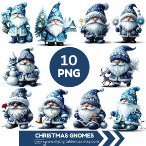 May include: Ten digital illustrations of Christmas gnomes wearing blue and white winter hats and coats. The gnomes are holding various winter-themed items, such as a snowman, a deer, a gingerbread man, and a string of lights. The gnomes are set against a white background. The text "10 PNG" and "CHRISTMAS GNOMES" is included in the image. The website address "http://www.mydigitaldenusa.etsy.com" is also included in the image.